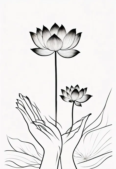 Beautiful slender fingers holding a lotus flower，contour，line art，Minimalist Chinese ink painting，contour，line art，Minimalist Chinese ink painting