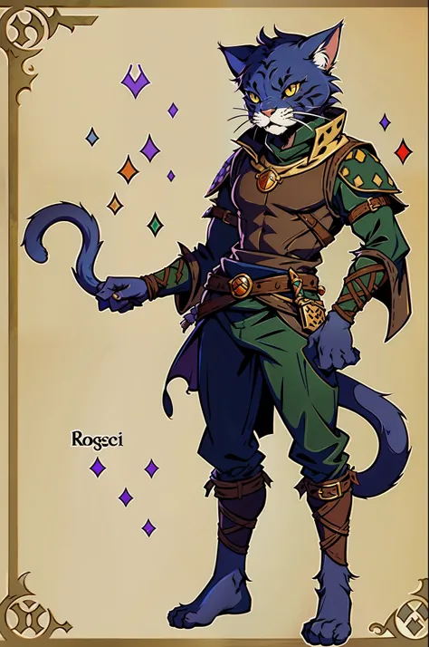 masterpiece, 1man, extremely detailed character, full body shot, best quality, dnd, dungeons and dragons, dnd character, character, (Tabaxi, Cat, Khajiit), (Rogue, Thief), (dotted cat features, furry:1.3), medieval era, fantasy clothes, anime style, (medie...