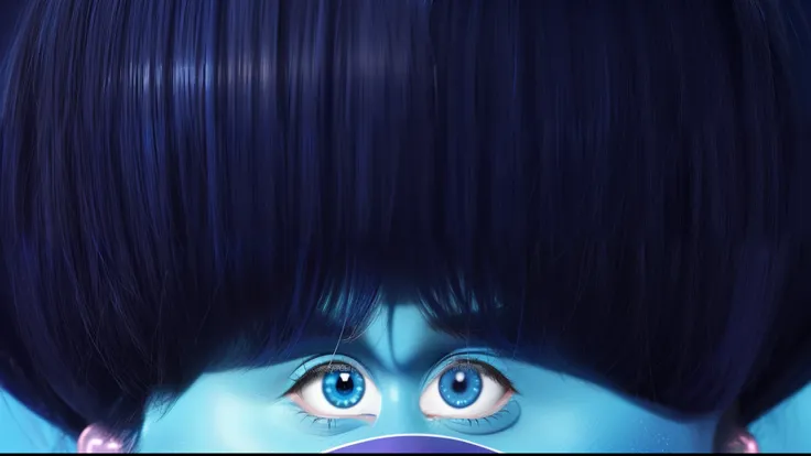 The image is a still from the cartoon "Trolls". The blue troll character is depicted with an emotion of surprise. It shows a close-up of a blue troll with two large blue curly eyes raised up in surprise. The troll has a blue face with dark blue eyebrows an...