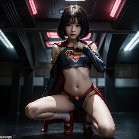 super girl elementary school student, masterpiece, highest quality, abstract, psychedelic, neon, (honeycomb pattern), (creative:1.3), fantasy 00d、 black hair、bob cut with trimmed ends、flat chest、Thin crotch、lolicon、belly button、High-leg style、red cloak、poi...