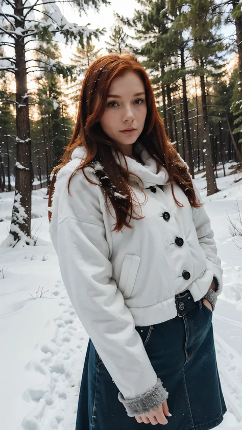 female, 28 years old, redhead, snow, forest, lake