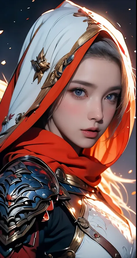 wearing a hijab and dimples, around 17 years old, (plain red hijab), tmasterpiece，Best quality at best，A high resolution，8K，((Portrait))，(Head close-up)，Original photo，real photograph，digital photography，(Female adventurers in the medieval fantasy style)，(...