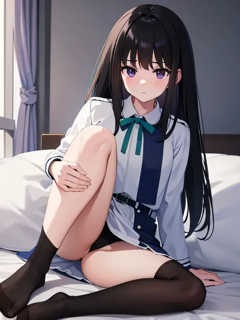 Takiinoue, Takina Inoue, long hair, bangs, black hair, (purple eyes:1.2), blake shirt, long sleeve, dress, ribbon, school uniform, white shirt, collared shirt, belt bag, ネックribbon, Blue dress, グリーンribbon, プリーツdress, グレーのdress, ツートンカラーのdress, blue belt, lyc...