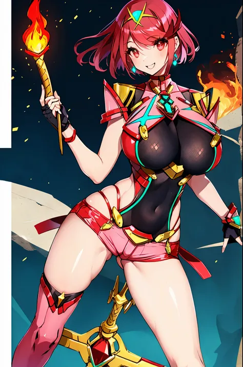 pyra (xenoblade), teen_1girl, , bangs, black gloves, breasts, red eyes, shout, earrings, eyelashes, fingerless gloves, floating hair, , gem, gloves, hair ornament, headpiece, jewelry, big_breasts, leaning back, swimsuit, neon trim, official art, pose, red ...