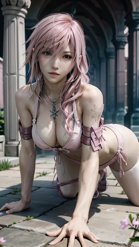 (masterpiece, highest quality:1.3)
Lightning FF13, 1 girl, alone, long hair, pink hair、pink bikini、Crawl on all fours and stick your butt out、smile