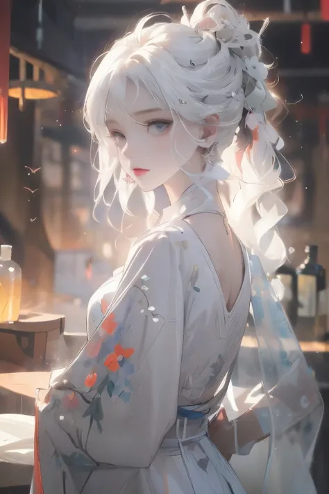 ((masterpiece)), Very detailed, best quality, 8k, (柔Light), Light, Beautiful and delicate eyes, 1 girl, white hair, long hair, Next to a bottle of perfume, elegant, Comfortable, Clean and detailed anime art, Trending on artstart, rainbow colors, milky whit...