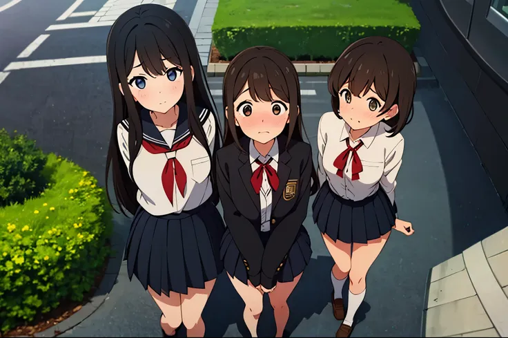 (three women:1.5)　,dark brown hair,black hair,（nose blush:1.7） ,surprised,open your mouth,(school uniform),（panties are fully vi...