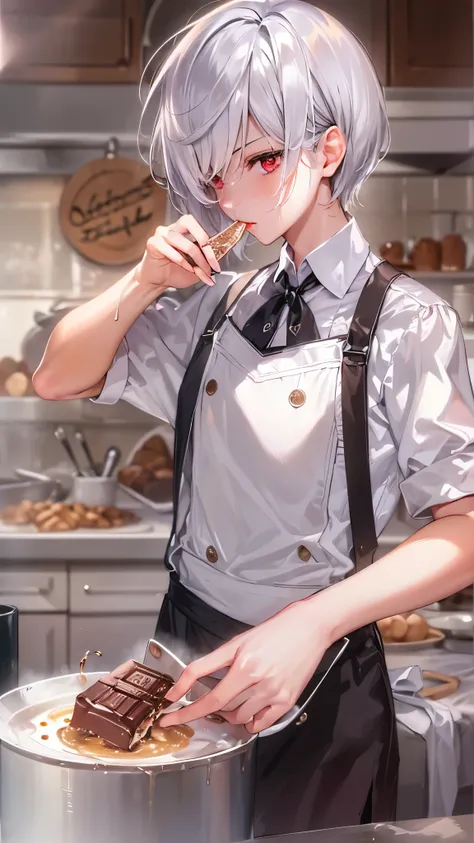 in the kitchen, ((Tasting chocolate sweets)) (a silver hair short hair divine swordman boy, 15 yo, red eyes, serious face), ((in a butler uniform, apron)), break, masterpiece:1.2, best quarity, beautiful detailed grow.