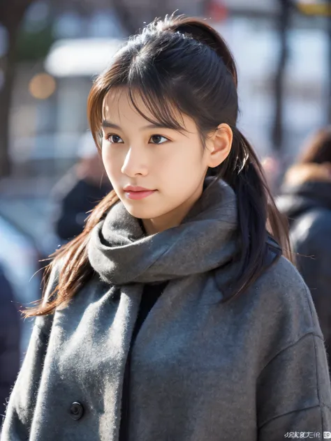 Photoreal, 8K full-length portrait, Beautiful woman, ponytail, attractive look, Clear system, 16 years old, Tokyo city, winter, Shibuya in the background