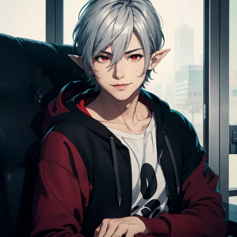 masterpiece, best quality, high quality, 1boy, solo, elder male focus, looking at viewer, age 30, half body, red eyes, short silver hair, pointy ears, realistic, hoodie, smirk