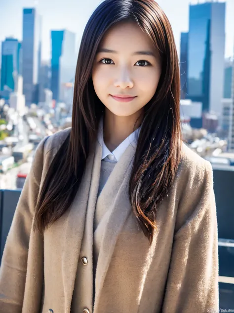 Photoreal, 8K full-length portrait, Beautiful woman, attractive look, Clear system, 16 years old, Tokyo city, winter, Shibuya in the background