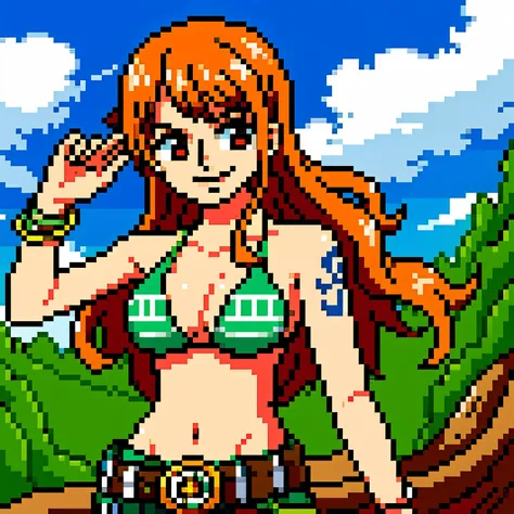 detailed background, masterpiece, best quality, 1girl, solo, nami (one piece), 1girl, bangle, bangs,  blue sky, bracelet, brown eyes, bubble, cloud, cowboy shot, day, denim, floating hair, green belt, green bikini, log pose, long hair, looking at viewer, n...