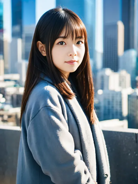 Photoreal, 8K full-length portrait, Beautiful woman, attractive look, Clear system, 16 years old, Tokyo city, winter, Shibuya in the background