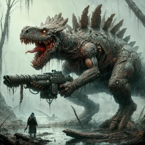 HP.lovecraft,Elden Ring,image of a triceratop,undead abomination,colossal body shape, crawl on 4 limb and holding a railgun with one other one,on a swamp,decay,torn skin,spike and thorn on body,rot, stegosaurus carry a giant railgun on shoulder, railgun fa...