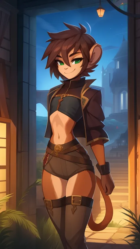 Best quality, Super detailed illustration, (fluffy monkey boy:1.4) , feminine face and body, disheveled thick hair, Rogue Clothes,  smug smile, half-closed eyes , Femboy, small waist, wide hips, Slim, perfect body, DND style