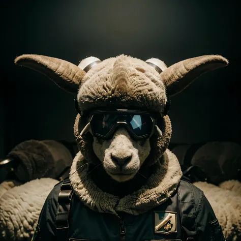 Draw a sheep wearing a military helmet and wearing night vision goggles. The sheep must have a determined expression and be in a ready pose. O capacete deve ter um design moderno e ser claramente militar. Night vision goggles must be realistic and position...