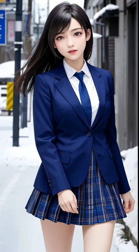 (top quality, masutepiece: 1.1), (Realistic: 1.3), (photoRealistic: 1.3),wallpapers, BREAK (((FF7,Tifa_lockhart))),(((knit,very fluffy,big, long scarf))),(((Japan jk uniform,Navy Blue blazer,school shirt,long-sleeved,Navy Blue Plaid Pleated mini-Skirt,Dark...