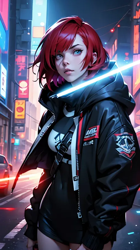 cyber punk,musicians,red hair bob cut woman,big droopy eyes,wide angle lens,expressive,look up,Laser hologram,Jacket with hood,whole body,black spats