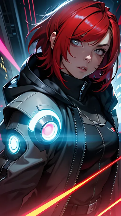 cyber punk,musicians,red hair bob cut woman,big droopy eyes,wide angle lens,expressive,look up,Laser hologram,Jacket with hood,whole body,black spats