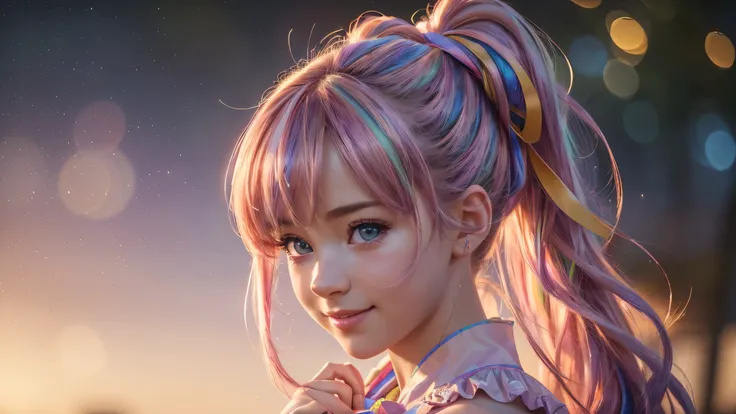 (best quality,4k,8k,highres,masterpiece:1.2), ultra-detailed, (realistic,photorealistic,photo-realistic:1.37), HDR, UHD, vivid colors, studio lighting, bokeh, (portraits:1.1), anime , An adorable anime girl with a sweet smile, her  frame exuding charm, and...