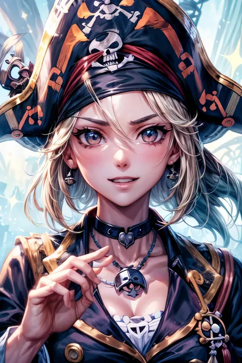 ((worst quality, low quality)), ((pirateの女の子)), solo, big breasts, (Close-up:1.3), (face focus:1.4), ((☠️が描かれたpirateのキャプテンハットを被って)), ((Victorious and powerful eyes,brown eyes):1.2), fearless smile, best smile, (perfect hands:1.5), (pirateの服装:1.2), pirate, ...