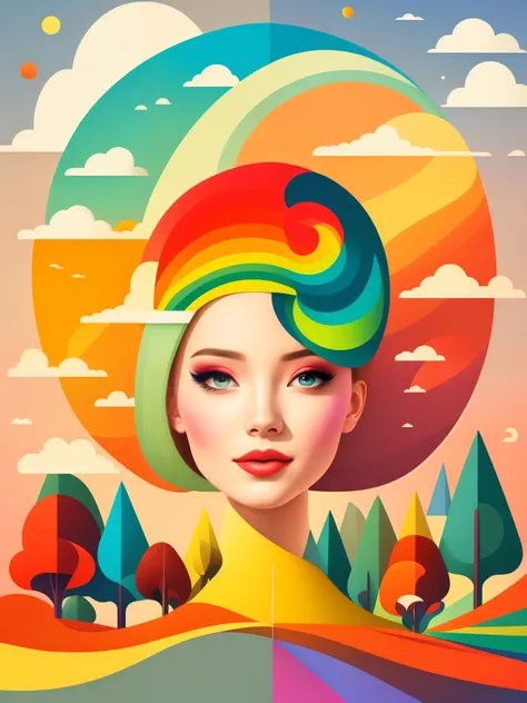 art illustration,rainbow,portrait,portrait,trees,rich and colorful, rainbow, small , Contrasting colors, in the spring landscape, icon design, Rozmin trip, vector art,(masterpiece, best quality:1.2), 1 girl, alone,Abstract surreal colors, popular geometric...