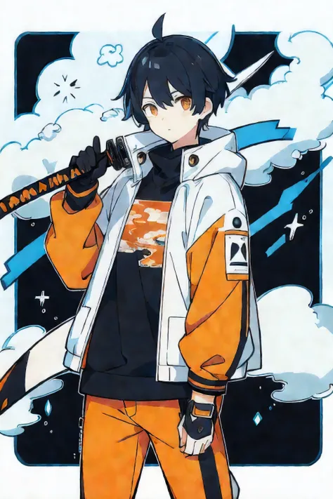 He wears clothes with clouds printed on them., The color of this cloud is white, he is wearing an orange scarf and a black jacket, The hairstyle is short hair, he has a sword in his right hand