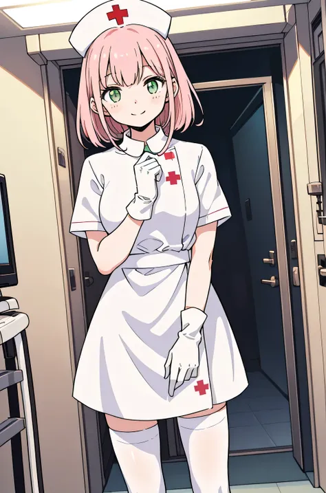 1 girl, alone, nurse, nurse cap, whiteware, ((white legwear, zettai ryouiki)), white gloves, pink hair, green eyes, droopy eyes,...