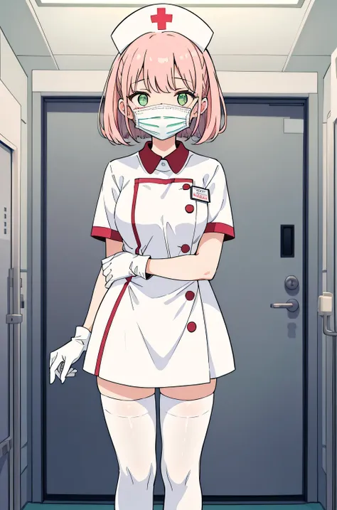 1 girl, alone, nurse, nurse cap, whiteware, ((white legwear, zettai ryouiki)), white gloves, pink hair, green eyes, droopy eyes,...