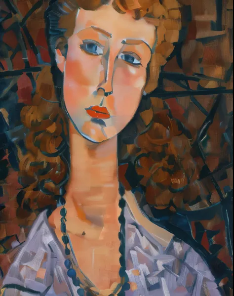 pintura de uma mulher with a necklace and a necklace around her neck, Modigliani, Direção: Amedeo Modigliani, inspired Direção: Amedeo Modigliani, Retrato de uma mulher de cabelos vermelhos, Direção: Jeanne Hébuterne, pintura de uma mulher, mulher com cabe...