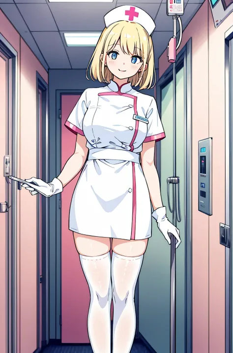 1 female, alone, nurse, nurse cap, Whiteware, ((white legwear, zettai ryouiki)), white gloves, blonde hair, blue eyes, pink lips, smile, Are standing, ((hospital room)), sharp outline, short sleeve, mature woman, 35 years old, highest quality, masterpiece