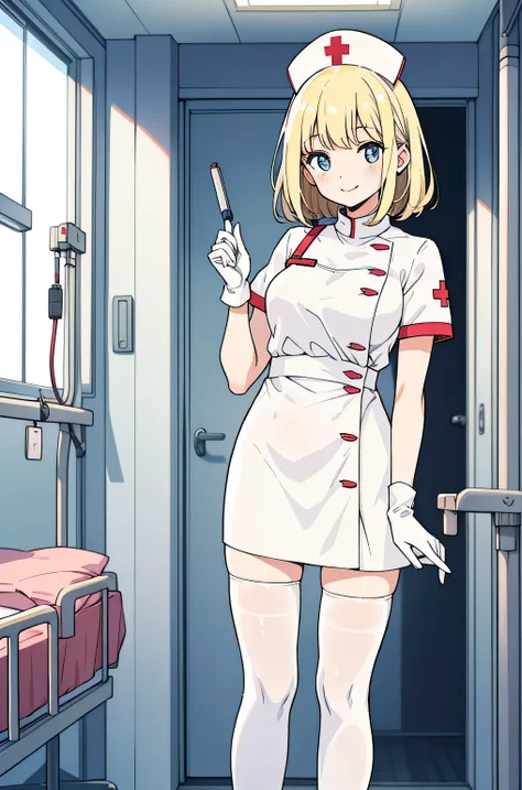 1 female, alone, nurse, nurse cap, whiteware, ((white legwear, zettai ryouiki)), white gloves, blonde hair, blue eyes, pink lips...