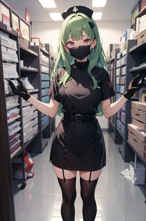 black nurse, 1 female, alone, black nurse cap, Black Wear, ((black legwear, zettai ryouiki)), black elbow gloves, amount, long hair, green hair, pink eyes, ((Black surgical mask, Covered nose)), Are standing, ((operating room)), sharp outline, short sleeve...