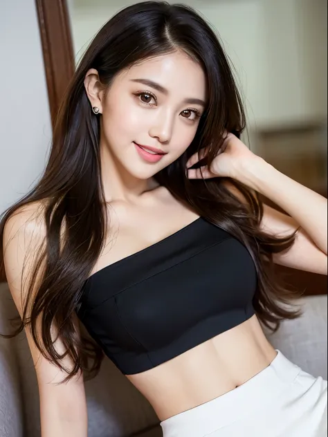 8k, top quality, real picture, Realistic photos, intricate details, Ultra-detailed, ultra high resolution, masterpiece, random angle, actual, thin and long, Smile, (cosmetic: 0.4), (fluffy brown eyes: 1.21), brown eyes, looking at the audience, ((Half body...