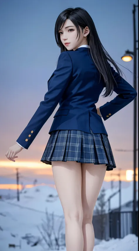 (top quality, masutepiece: 1.1), (Realistic: 1.3), (photoRealistic: 1.3),wallpapers, BREAK (((FF7,Tifa_lockhart))),(((knit ,very fluffy, long scarf))),(((Japan jk uniform,Navy Blue blazer,school shirt,long-sleeved,Navy Blue Plaid Pleated mini-Skirt,Dark bl...