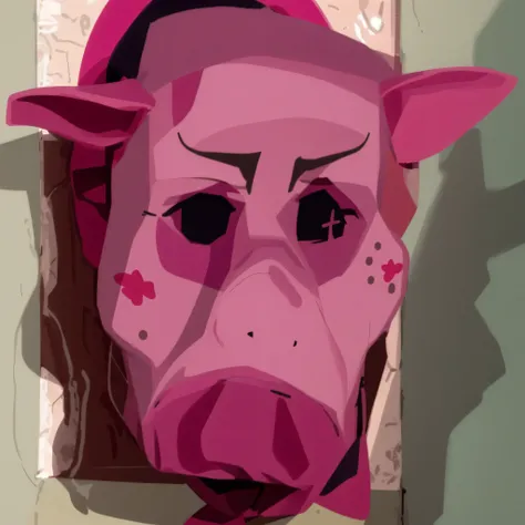 a close up of a pig mask on a wall with a pink shirt, pig, pig pig pig, pig, a pig, pink face, minimalist design, simple shapes, flat colors, 2d style