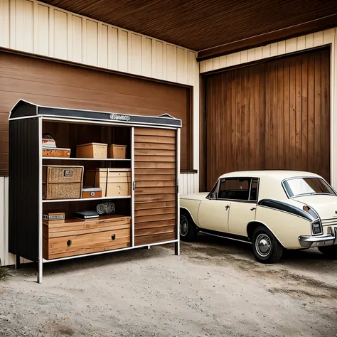 Garagem estilo vintage  com coisas de rock com um carro antigo 