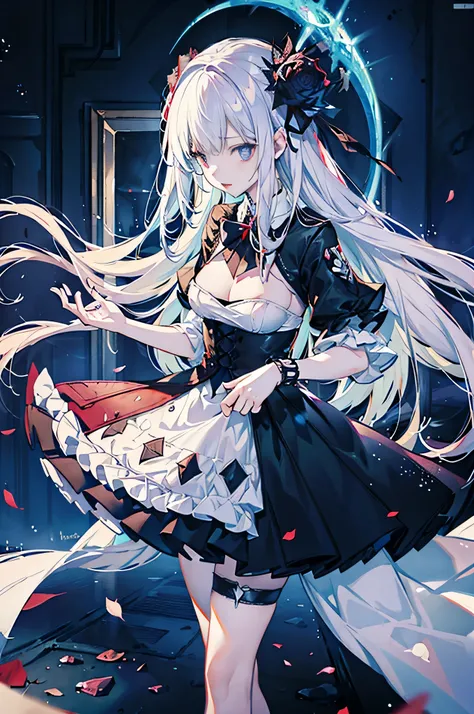 evil white haired maiden, Chainsizing, sexy costume, red eyes, Black Gothic Costume, Red Moon and Blue Roses, fantasy background