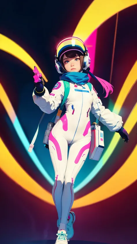 (ultra detailed,ultra high res,detailed background),((2D)),((flat color)),((muted color)),((floating neon)),1girl,solo,looking at viewer, BREAK, spray paint, graffiti, girl in a white space suit wearing her helmet, plush scarf, full body image, adult woman...