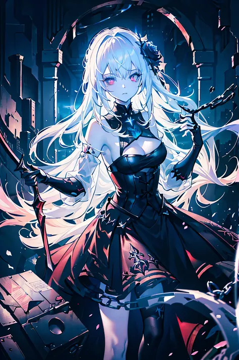 1 girl, masterpiece, very detailed, ((cinematic lighting)), (shine), ((dramatic lighting)), ((beautiful delicate shine)),evil white haired maiden, Chainsizing, sexy costume, red eyes, Black Gothic Costume, Red Moon and Blue Roses, fantasy background