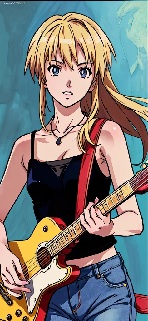 (highest quality,4K,8K,High resolution,table top:1.2), Super detailed, (realistic,photorealistic,photo-realistic:1.37), ((close up of face)),rage, Unfortunate,((blonde hair)), ((long hair)),black camisole, damaged denim jeans,necklace,((playing the guitar)...