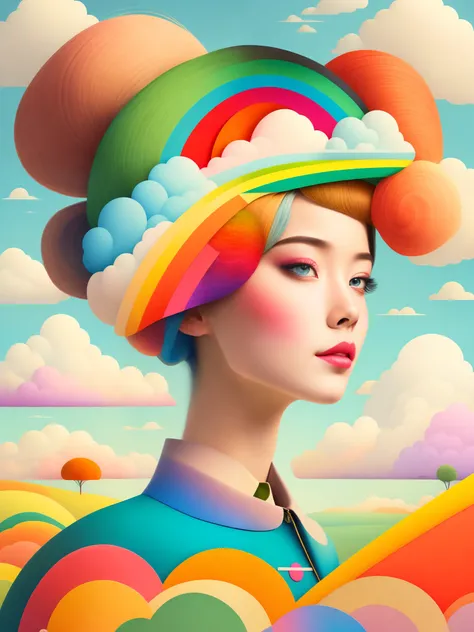 (masterpiece, best quality:1.2),art illustration，girl portrait，often neck，hair by clouds，baiyun，rainbow，the composition，stitchin...