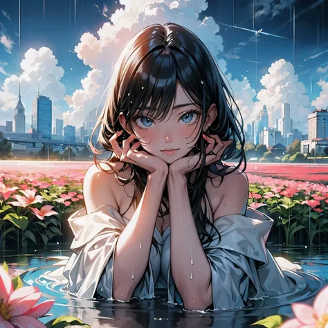 mature anime style, rain on face, cloudy sky, beautiful asian girl, off shoulder,  heavenly aura around, field of flowers, destiny watching, world is a flood, slowly I become one with the mud, cross in background, city scape