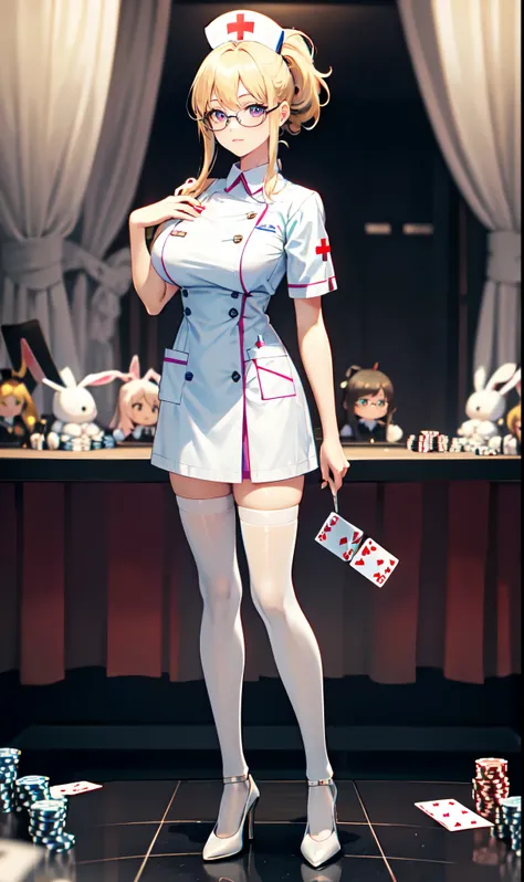 White hospital ward background,Playing card decoration,Long light blonde hair,Standing close-up,dream world,Sister nurse,(glasses),High ponytail,Messy hair,Elongated danphoenix eyes,(white nurse,Handheld dolls,Bunny doll：2.0),(big breast)Background of poke...