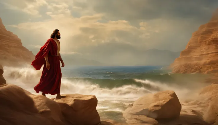 Moses Crossing the Red Sea, Atravessar o mar como se fosse terra, Com muita gente, million ,Staff or Moses ,deserto,Vestidos velhos,,Historical reference,Arte e detalhes de alta qualidade,Estilo retrato realista,paleta de cores sutil,fundo vibrante,textura...