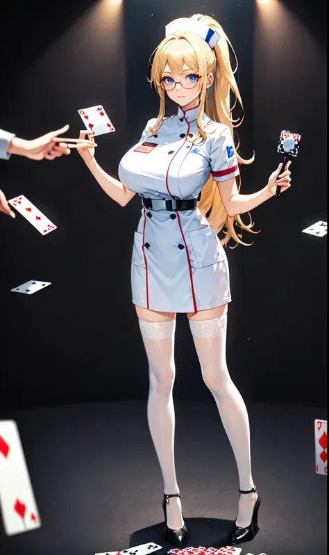 White hospital ward background,Playing card decoration,Long light blonde hair,Standing close-up,dream world,Sister nurse,(glasses),High ponytail,Messy hair,Elongated danphoenix eyes,(white nurse,Handheld dolls,Bunny doll：2.0),(big breast)Background of poke...