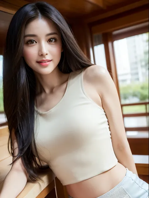 8k, top quality, real picture, Realistic photos, intricate details, Ultra-detailed, ultra high resolution, masterpiece, random angle, actual, thin and long, Smile, (cosmetic: 0.4), (fluffy brown eyes: 1.21), brown eyes, looking at the audience, ((whole bod...