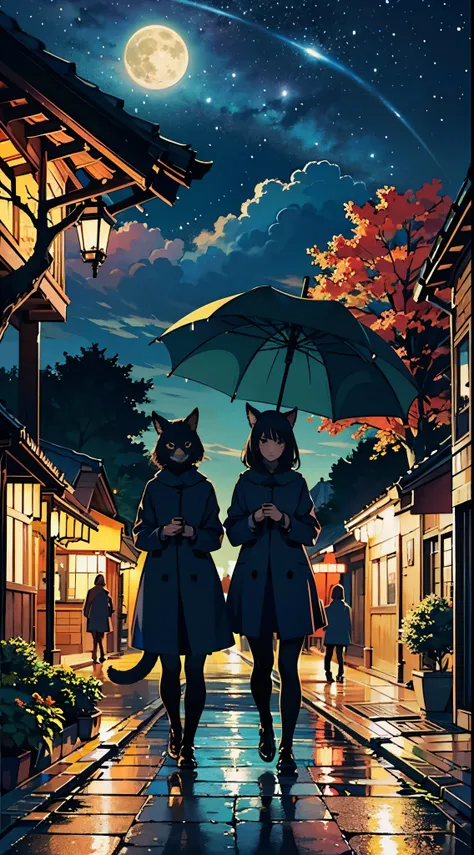 (best quality, 4k, 8k, highres, masterpiece:1.2), ultra-detailed, (realistic, photorealistic, photo-realistic:1.37), Two silhouetted cats under an umbrella, Above a vibrant green tree, with a full moon in the background and starry, rainy night sky, anime s...