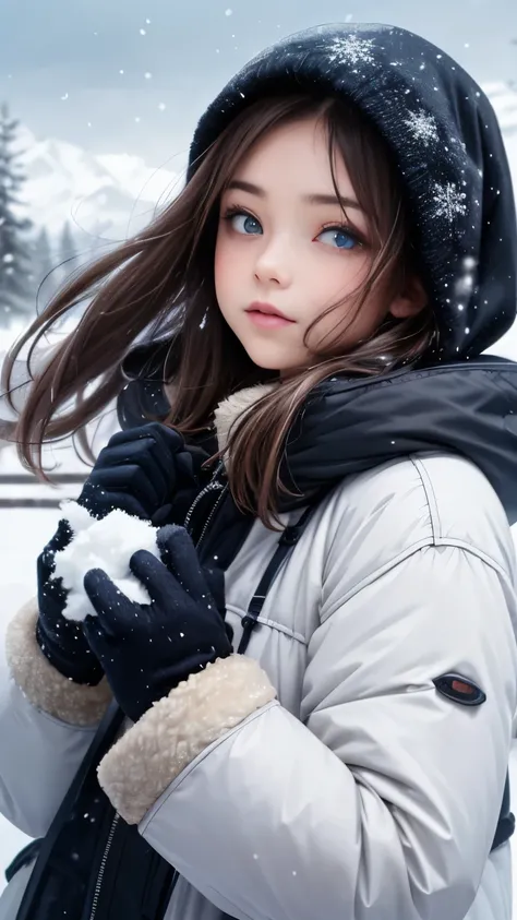 A girl in a snowy landscape, with a fierce wind blowing against her face, creating a sense of motion. The wind brings a biting coldness, as snowflakes swirl in the air. The girls face shows a mix of determination and annoyance, with flushed cheeks and rosy...