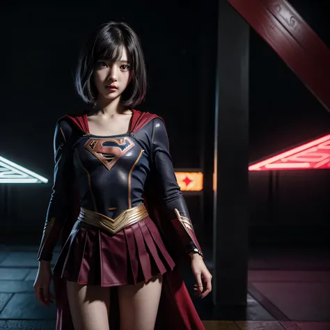 super girl elementary school student, masterpiece, highest quality, abstract, psychedelic, neon, (honeycomb pattern), (creative:1.3), fantasy 00d、 black hair、bob cut with trimmed ends、flat chest、Thin crotch、lolicon、standing on the walkway、belly button、High...